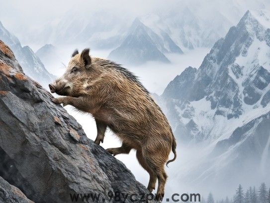 生肖猪勇攀高峰，不畏严寒，冬风中的摘星之旅