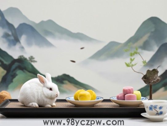 三碟小点心伴绿茶，趣味生肖兔中品人生，悠闲时光细细赏