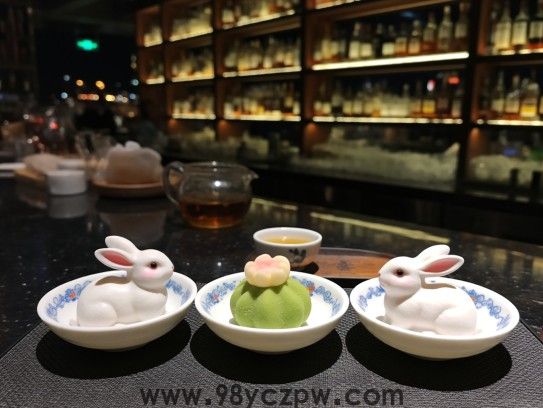 三碟小点心伴绿茶，趣味生肖兔中品人生，悠闲时光细细赏