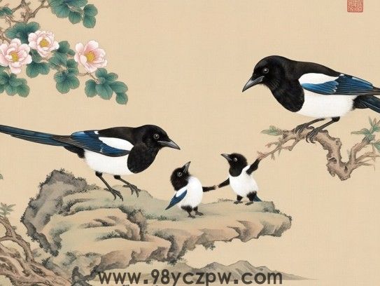 喜鹊成双贺团圆，亲子相伴绘温馨，诗意画卷见证家国情怀