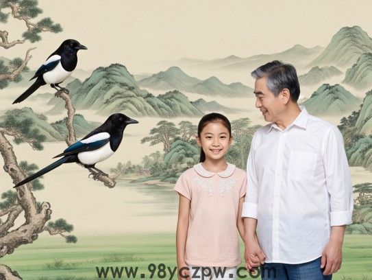 喜鹊成双贺团圆，亲子相伴绘温馨，诗意画卷见证家国情怀