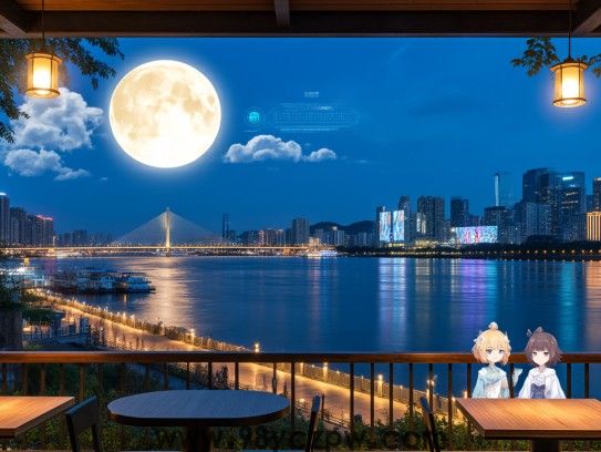 中秋佳节八月十五，岸边赏月写意时光，中秋月圆情意浓，共赏江畔浪漫夜