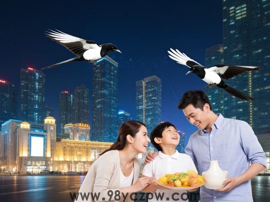 喜鹊成双贺团圆，亲子相伴绘温馨，诗意画卷见证家国情怀