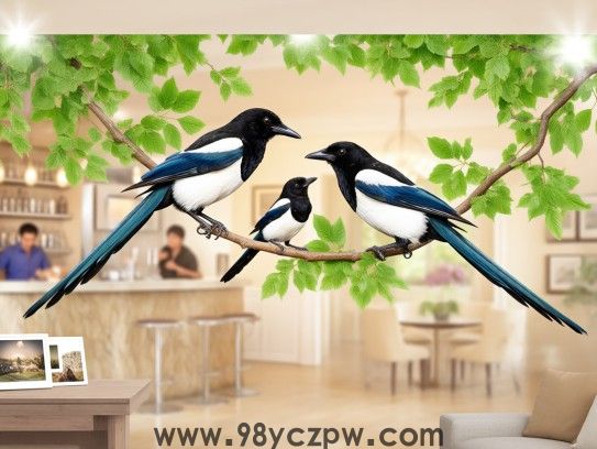 喜鹊闹枝成语寓意团圆，喜鹊比翼母子相依，描绘美好家庭画卷